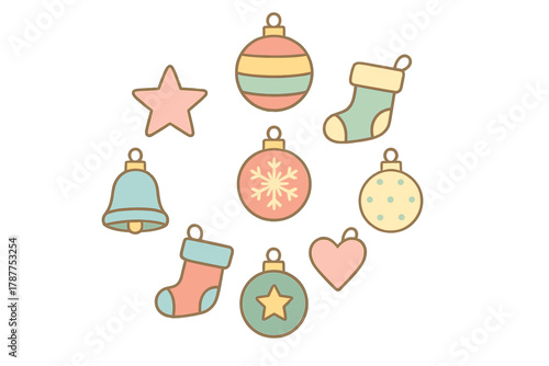 Pastel Christmas tree ornaments icons set with star bell and stocking shapes