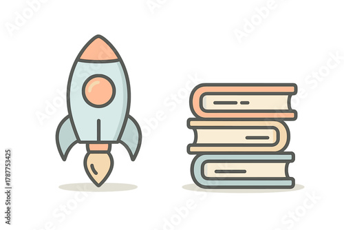 Stylized rocket taking off next to stack of hardcover books