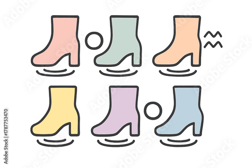 Six colorful ankle boots icons with motion and vibration symbols