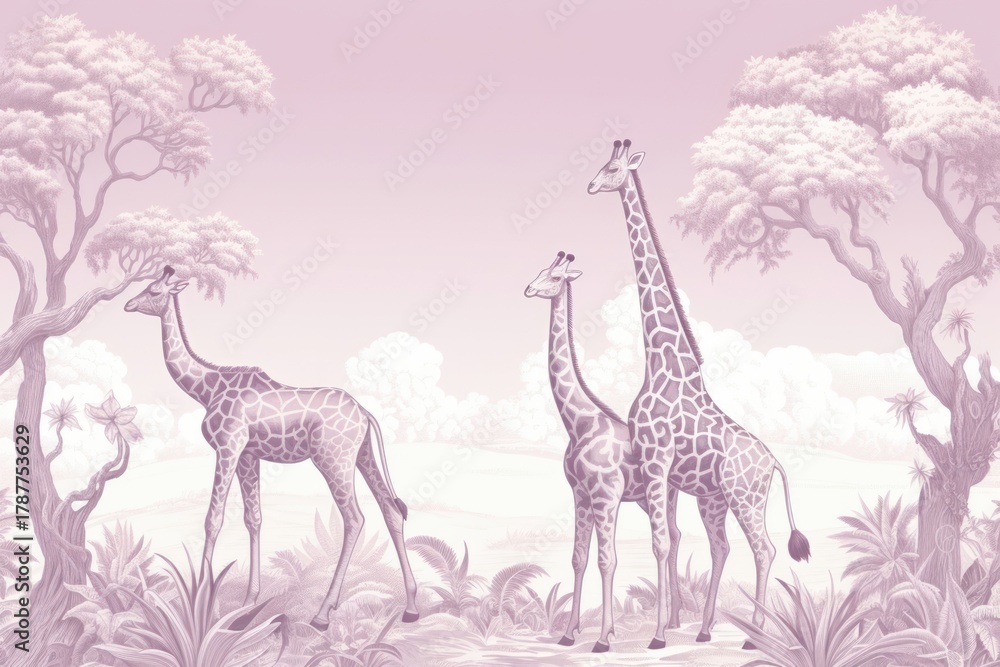 Naklejka premium Giraffe landscape drawing animal.