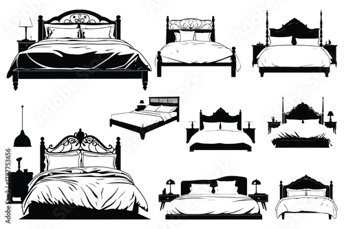 Collection of black silhouette beds with nightstands and lamps