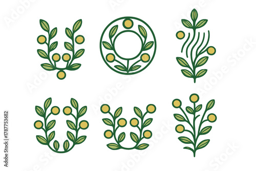 Six stylized botanical emblems featuring green leaves and yellow berries