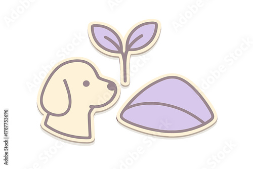 Dog pet care icons featuring seedling and food bowl symbols