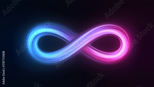 Infinity symbol with blue and pink neon glow on a dark background for endless possibilities