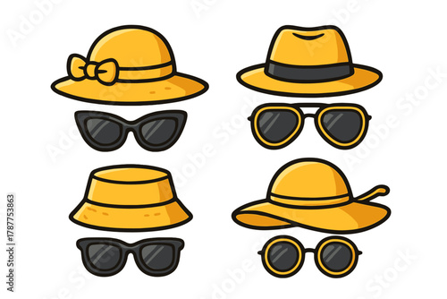 Yellow sun hats and black sunglasses accessory icons