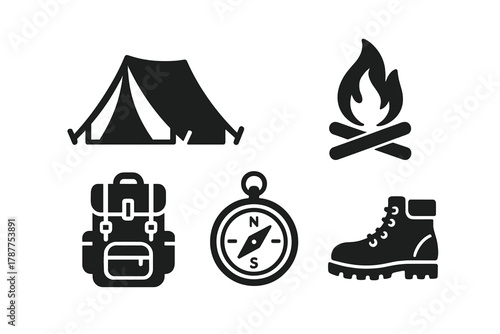 Collection of essential black icons for camping and hiking gear