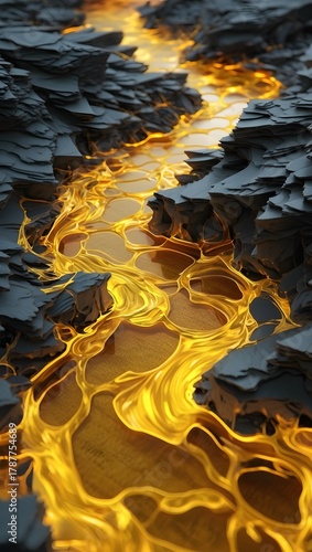 Molten gold flows through rocky terrain creating a surreal and captivating landscape