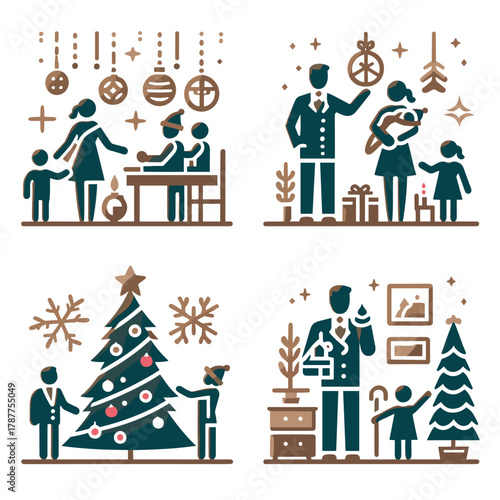 Family decorating Christmas tree and preparing for holiday celebrations  