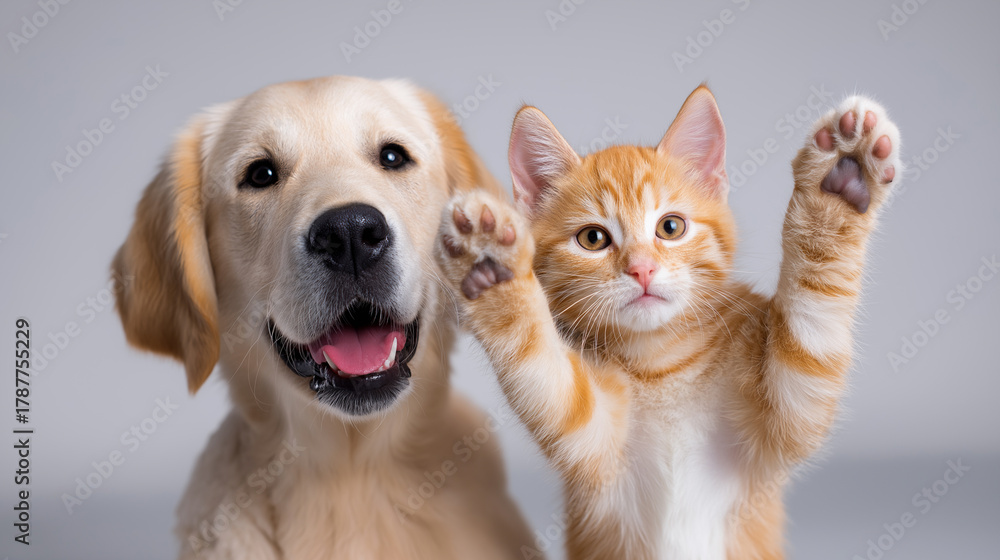 Obraz premium Happy dog and cat posing together against light background. 