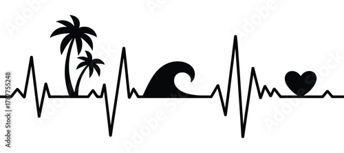 Tropical beach heartbeat love: palm trees, ocean wave, passion