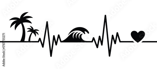 Tropical getaway heartbeat graphic with palm trees, wave, love