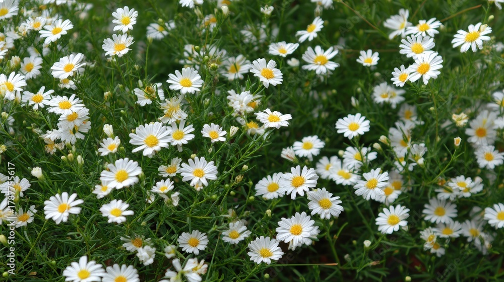 Fototapeta premium A close-up view of numerous white and yellow aster flowers blooming in the garden