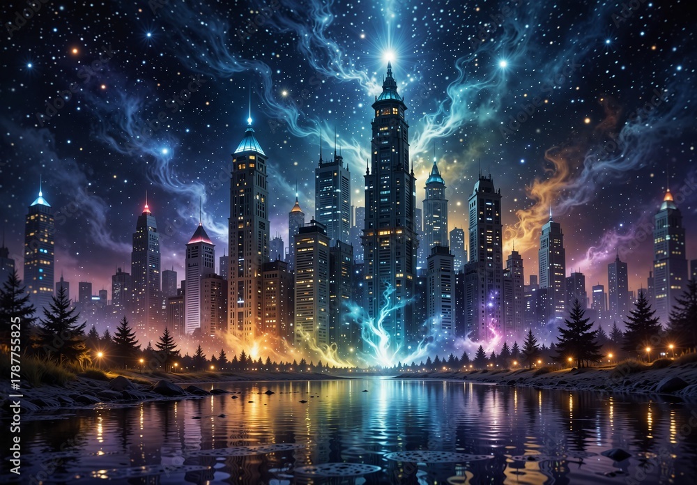 Obraz premium futuristic cityscape reflecting in water under a vibrant nebula and starry night sky.