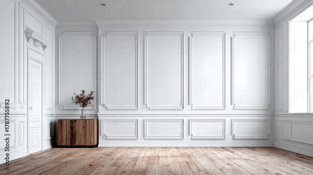 Fototapeta premium Elegant white room with wooden floor and decorative paneling