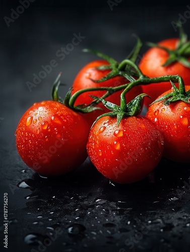 Wallpaper Mural Fresh Vine of Red Cherry Tomatoes Sitting on a Shiny Black Surface With Water Droplets Reflecting Light Torontodigital.ca