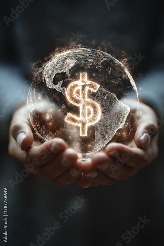 Global finance: hands holding a glowing dollar sign earth globe