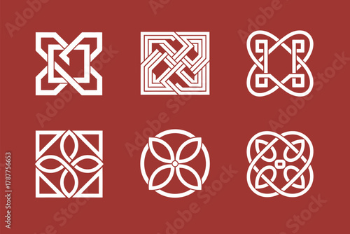 Celtic knot pattern vector set with intricate interwoven white lines on dark maroon background, perfect for cultural design, Irish and Scottish heritage artwork.