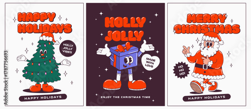 Merry Christmas and Happy New year cartoon character element set. Retro characters in 50s, 60s, 70s animation style