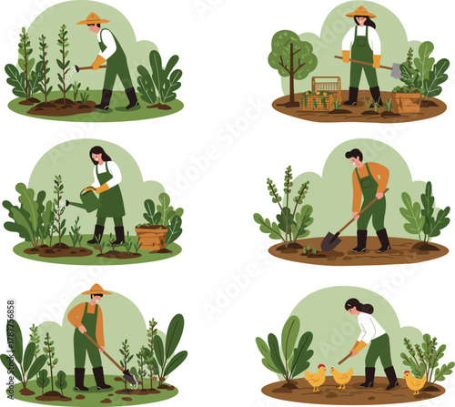 Gardening people performing various farm tasks