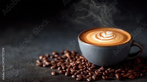 Steaming cup of espresso with latte art and coffee beans on a dark surface