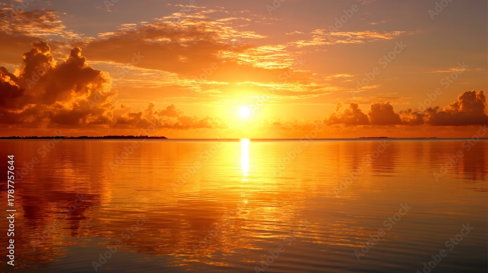 Obraz premium Sun ascending or descending over calm tropical sea, creating a glowing reflection on the water and painting the sky with warm colors
