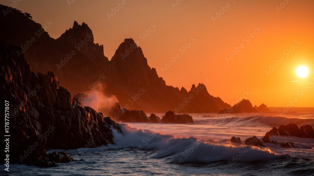 Obraz premium Waves crashing against jagged rocks along a breathtaking coastline, bathed in the golden glow of a sunset