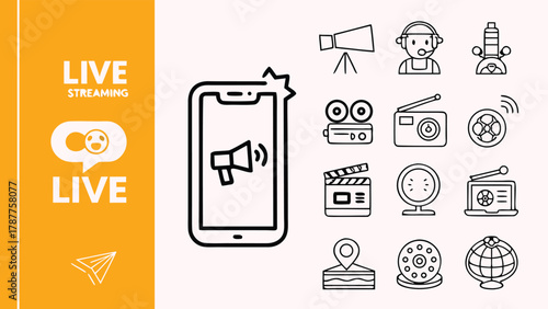 Live Streaming Digital Marketing Broadcast Media Vector Icons with vector illustration