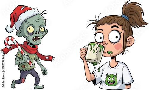 Funny cartoon zombie boy in Santa hat with candy cane and girl drinking green slime, humorous Christmas horror illustration
