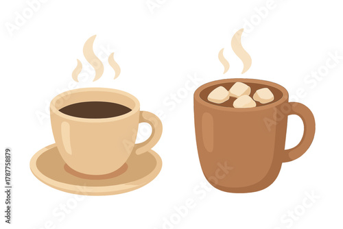 Steaming hot coffee and cocoa with marshmallows in ceramic mugs