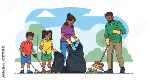Family cleaning park, collecting leaves and trash in garbage bags
