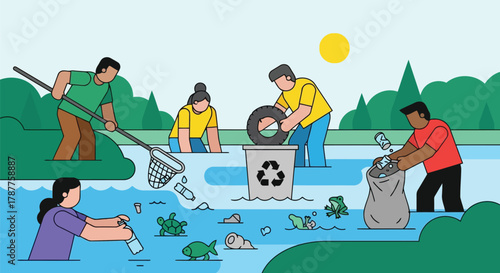 Volunteers clean up a river, removing trash and debris to protect the environment and aquatic life, promoting ecological conservation and sustainability