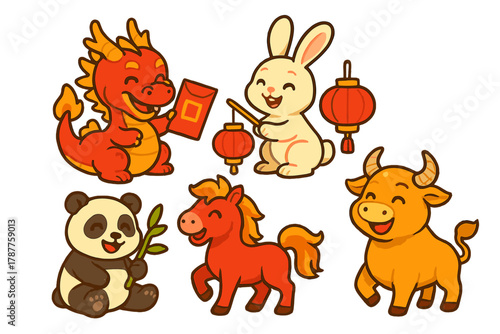 Set of cute cartoon Chinese zodiac animals including dragon, rabbit, panda, horse, and ox