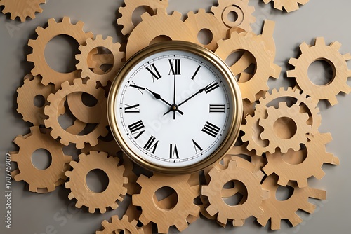 Closeup of an antique clock face surrounded by wooden gears on a neutral surface