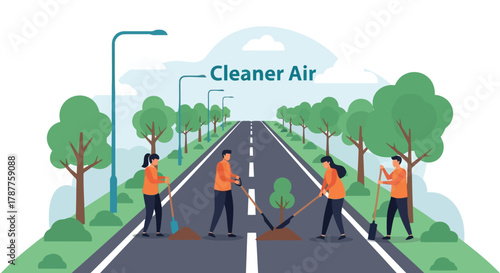 People planting trees along a road for cleaner air
