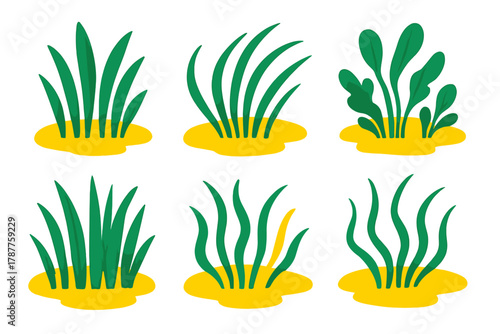 Stylized green grass and foliage clumps growing from yellow ground patches