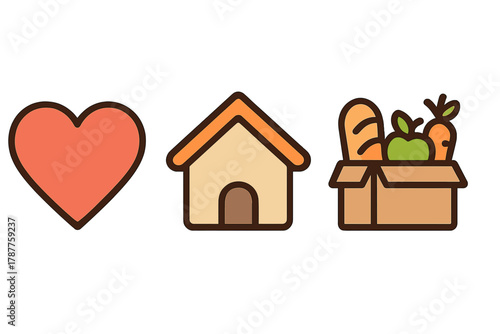 Set of simple icons for charity representing heart home and food donation