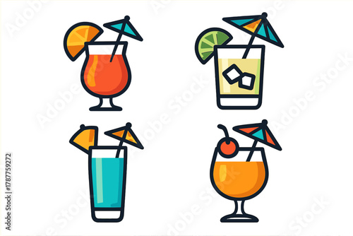 Four colorful tropical cocktail icons with fruit garnishes