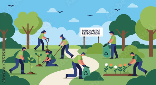 Volunteers working together in a park for habitat restoration, planting trees and flowers, and cleaning up litter