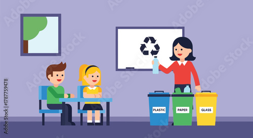 Teacher showing students how to recycle plastic bottle into a bin in a classroom setting with recycling symbol on whiteboard