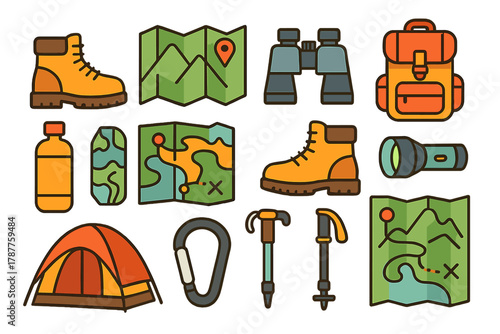Colorful icons representing hiking and camping adventure gear assortment
