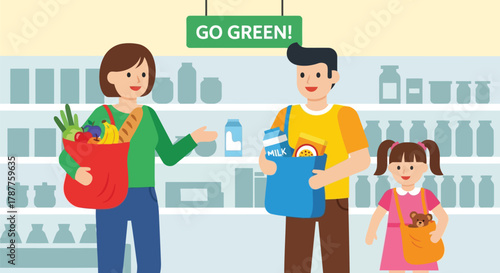 Family shopping for groceries with reusable bags, promoting a green lifestyle and healthy eating habits