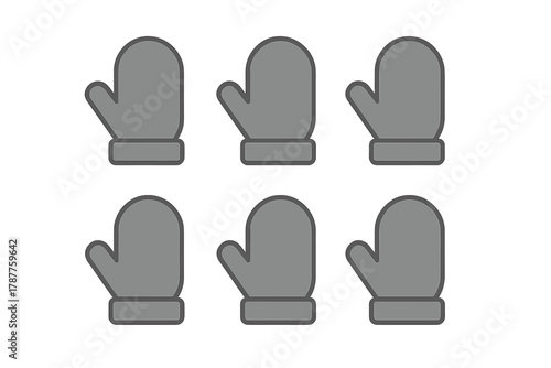 Six gray winter mittens icons arranged in two rows