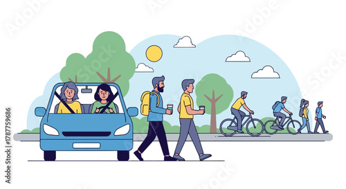 People commuting to work using different modes of transport like car, walking, and cycling, illustrating urban mobility