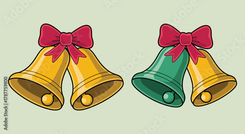Christmas bells with red bows on white background, festive holiday decoration perfect for greeting cards