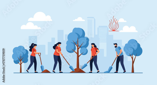 A group of volunteers plants trees in an urban park, contributing to environmental conservation and city greening efforts