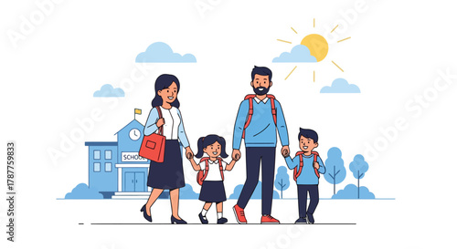 A happy family walks towards a school building on a sunny day, symbolizing education, childhood, and family bonding