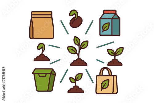 Seed germination and plant growth cycle icons diagram