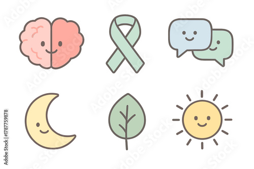 Collection of simple icons for mental health awareness, balance, and wellness concepts