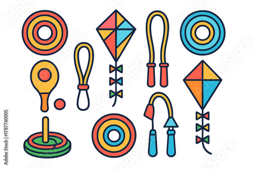 Colorful icons representing various outdoor play toys and recreational games