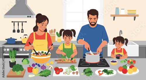 A family cooking together in a kitchen, with parents and two daughters preparing a healthy meal with fresh vegetables
